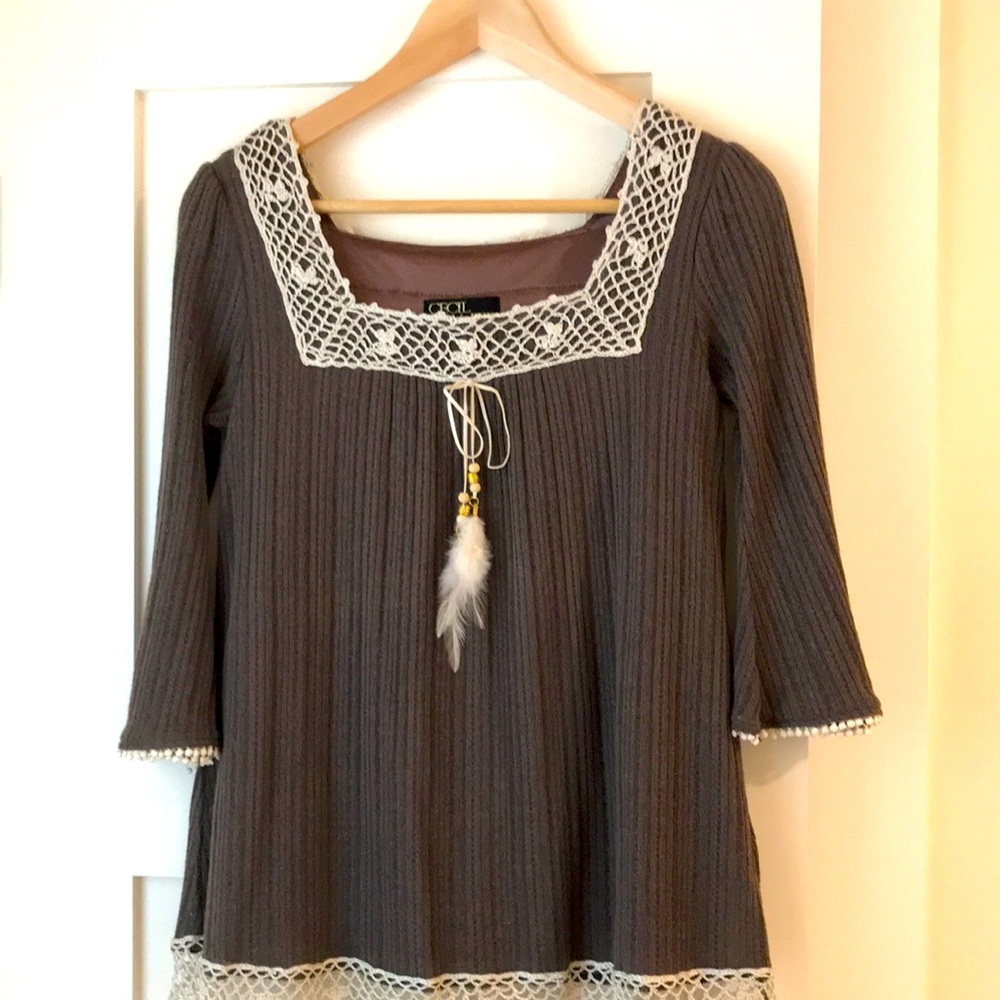 Brown/ grey crochet edged Boho top